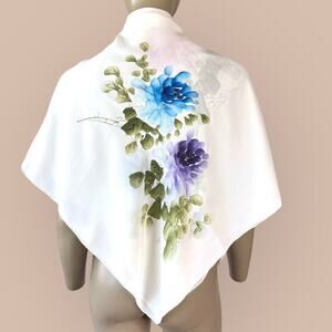 Pure 100% Silk Scarf Floral Hand Paint Chiffon Shawl Wrap Kerchief Bandana Cream